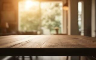 AI generated Empty wooden table in front of blurred and abstract window background photo