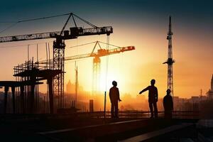 AI generated Silhouette of Engineer and worker with clipping path on building site, construction site at sunset in evening time. photo