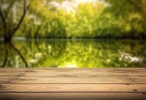 AI generated Wooden table top with natural green background of blurred lake photo