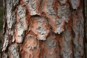 AI generated textured background of old pine wood, with large elements of bark and the resin drips photo