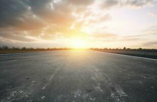 ai generado asfalto autopista con hermosa ver de puesta de sol y nubes foto