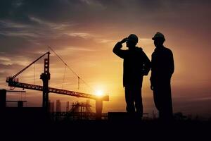 AI generated Silhouette of Engineer and worker with clipping path on building site, construction site at sunset in evening time. photo