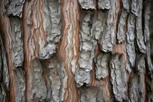 AI generated textured background of old pine wood, with large elements of bark and the resin drips photo