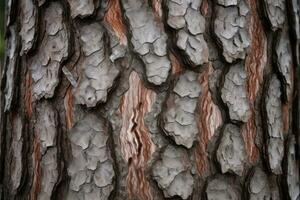 AI generated textured background of old pine wood, with large elements of bark and the resin drips photo