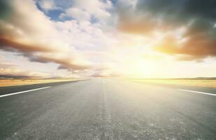 AI generated Asphalt highway with beautiful view of sunset and clouds photo