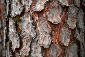 AI generated textured background of old pine wood, with large elements of bark and the resin drips photo