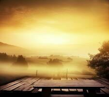 AI generated empty vintage table for product display montage with golden sunrise over misty hills photo