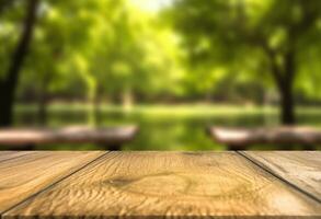 AI generated Wooden table top with natural green background of blurred lake photo