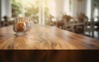 AI generated Empty wooden table in front of blurred and abstract window background photo