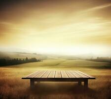 AI generated empty vintage table for product display montage with golden sunrise over misty hills photo