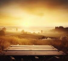 AI generated empty vintage table for product display montage with golden sunrise over misty hills photo