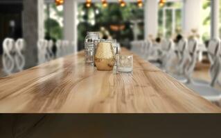 AI generated Empty wooden table in front of blurred and abstract window background photo