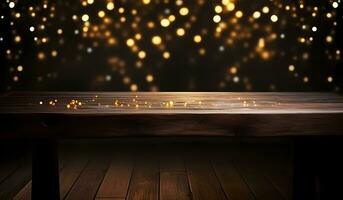AI generated Wood table top of blurred abstract gold bokeh background with christmas lights. photo