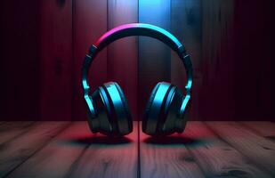 AI generated Headphones Isolated on a wooden table on a dark background photo