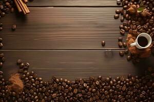 AI generated a cup of coffee stands on the table among the coffee beans, top view, flat lay, background photo