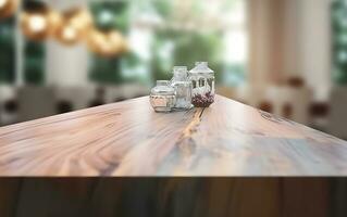 AI generated Empty wooden table in front of blurred and abstract window background photo