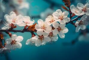 ai generado floreciente Cereza y ciruela a puesta de sol en el Alpes son muy hermosa. puro naturaleza agrada un persona con ecológico belleza y un símbolo de primavera. foto