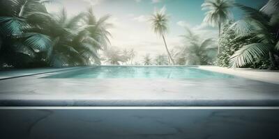 AI generated For the product display, empty marble with frosted windows and a swimming pool serve as backdrops photo