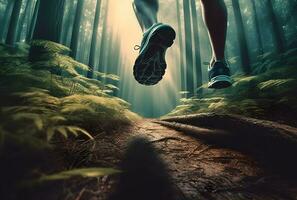 AI generated A person running on a trail on a sunny morning in the forest. photo