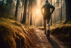 ai generado un persona corriendo en un sendero en un soleado Mañana en el bosque. foto