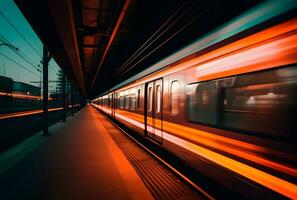 ai generado un hermosa largo exposición de un tren paso por a el subterráneo estación foto