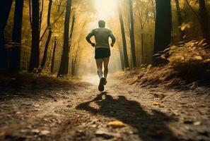 ai generado un persona corriendo en un sendero en un soleado Mañana en el bosque. foto