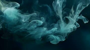 ai generado nube de fumar en negro antecedentes. un azul fumar remolinos en el aire en contra un negro antecedentes. foto