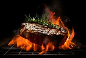 AI generated Barbecue dry aged wagyu porterhouse beef steak grilled as close-up on a charcoal grill with fire and smoke photo