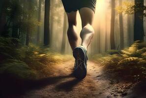 AI generated A person running on a trail on a sunny morning in the forest. photo