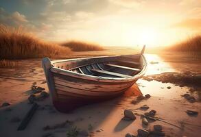 AI generated Sunset over the sea, fishing boat on the beach photo