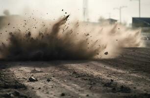 AI generated dirt fly after motocross roaring by photo