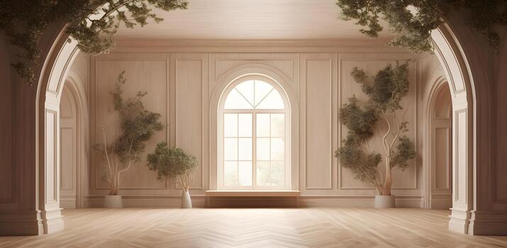 AI generated Mock up of empty room in beige color with table, vase and winter landscape in window photo