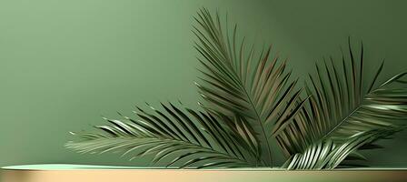 AI generated Tropical palm leaves podium banner on green background with palm leaf shadow. Suitable for display product photo