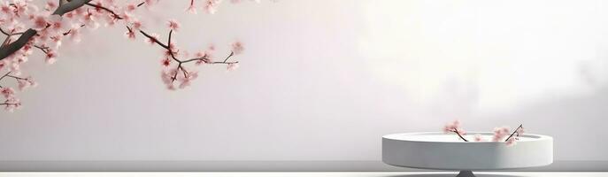 AI generated Home interior with decor elements. Cherry blossoms in a vase on a light background. Display product background for commercial photo