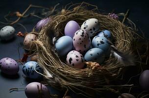 AI generated a nest full of easter eggs on a grey background photo