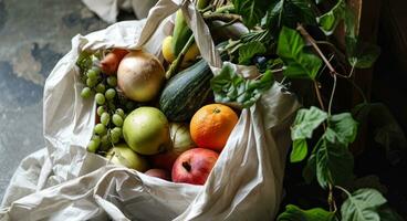 AI generated white paper bag with fruits and vegetables photo