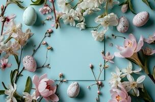 AI generated a paper square surrounded by flowers and easter eggs on blue photo