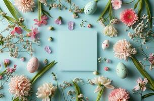 AI generated a paper square surrounded by flowers and easter eggs on blue photo