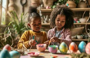 ai generado dos niños son pintura Pascua de Resurrección con pequeño Pascua de Resurrección conejito tema foto