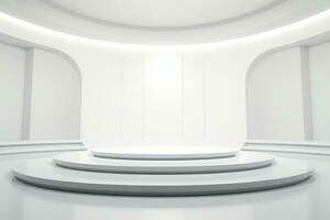 AI generated stage with a circular podium with a light bulb in place photo