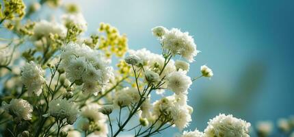 ai generado un blanco flor ramo de flores en frente de azul cielo foto