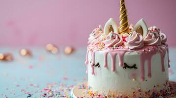 AI generated A Unicorn Cake with Pink Frosting and copy space photo