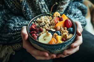 AI generated a person holding up a bowl with fruit and nuts photo