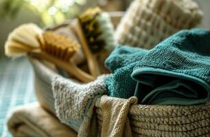 AI generated a white basket with scrub brushes and cleaning towels photo