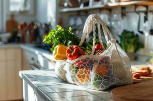 AI generated a white bag full of vegetables and fruits is sitting on a counter photo