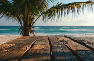 AI generated a wooden table on the beach in front of a palm tree photo