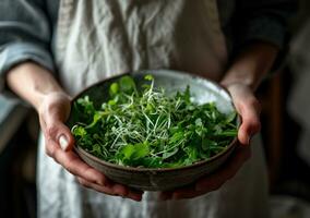 ai generado un persona participación un cuenco de ensalada con coles y verduras foto