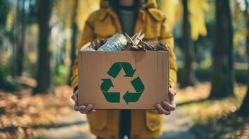 ai generado un joven persona participación un caja con un el plastico reciclaje logo en el parque foto