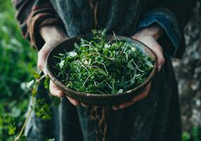 AI generated a person holding a bowl of salad with sprouts and greens photo