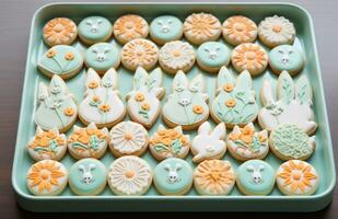 AI generated a tray of bunny cookies with tulips photo